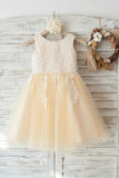 Jewel Champagne Flower Girl Dress with Lace