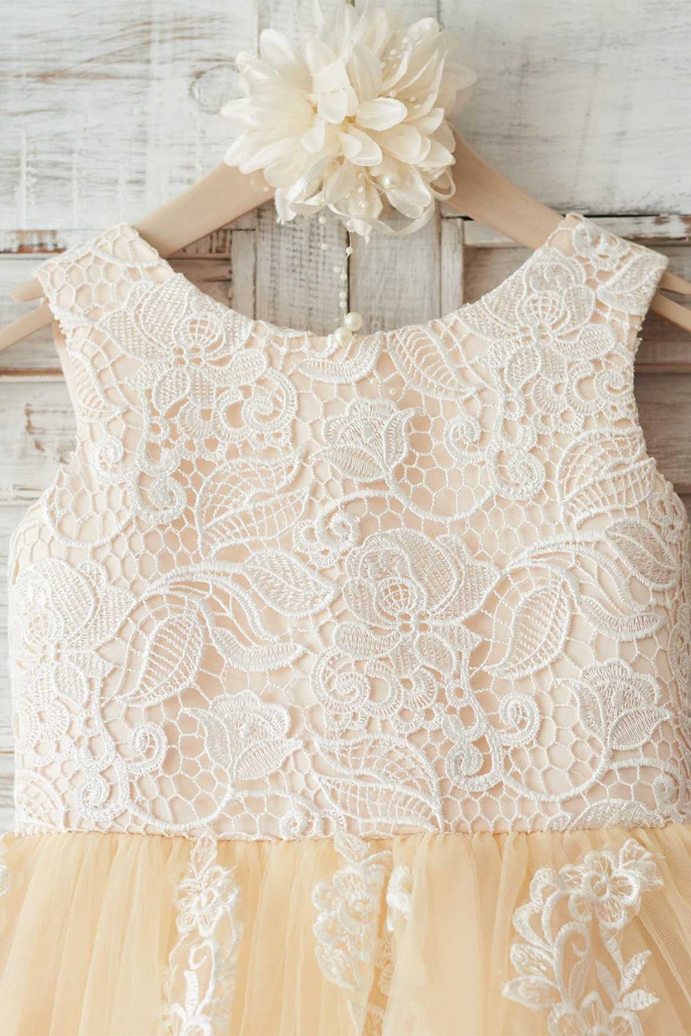 Jewel Champagne Flower Girl Dress with Lace