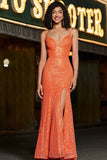 Sparkly Mermaid Spaghetti Straps Orange Sequins Ball Dress with Split Front