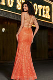 Sparkly Mermaid Spaghetti Straps Orange Sequins Ball Dress with Split Front
