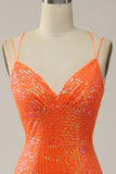 Mermaid Spaghetti Straps Orange Sequins Ball Dress with Split Front