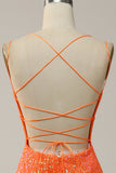 Mermaid Spaghetti Straps Orange Sequins Ball Dress with Split Front