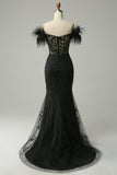 Off the Shoulder Black Mermaid Ball Dress with Feathers