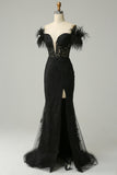 Off the Shoulder Black Mermaid Ball Dress with Feathers