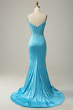 Mermaid Spaghetti Straps Sequins Blue Ball Dress with Beading