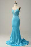 Mermaid Spaghetti Straps Sequins Blue Ball Dress with Beading