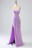 Sparkly Purple Mermaid Spaghetti Straps Sequins Prom Dress with Slit
