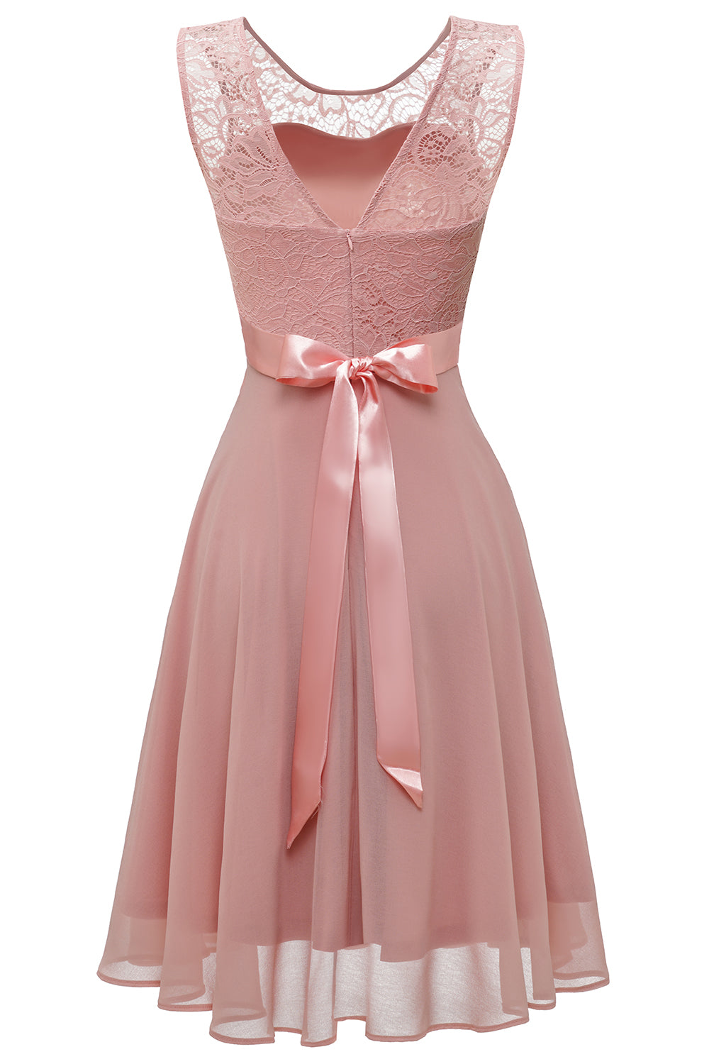 Blush Round Neck Lace Dress with Open Back
