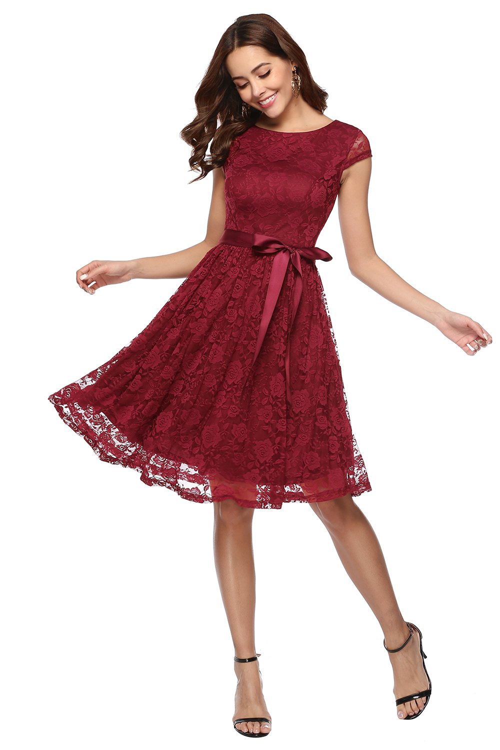 Dark Red Belted Lace Dress