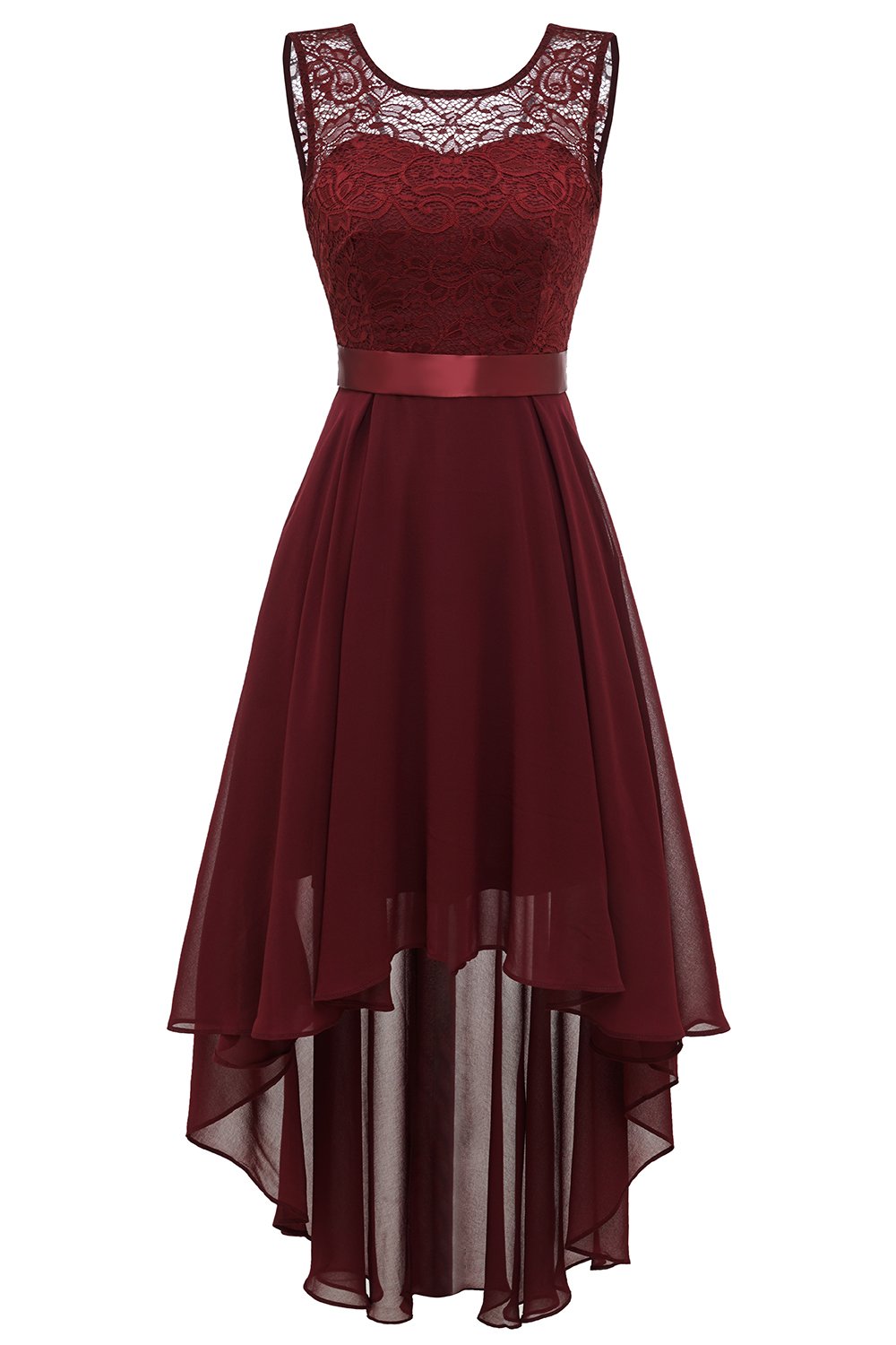 High Low Round Neck Burgundy Lace Dress with Bowknot