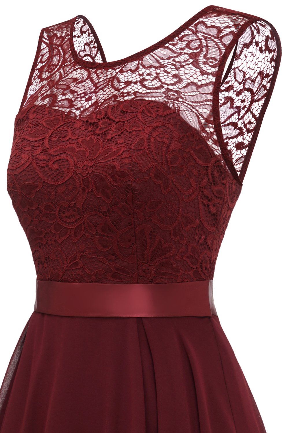 High Low Round Neck Burgundy Lace Dress with Bowknot