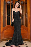 Sparkly Mermaid Sweetheart Sweep Train Black Prom Dress With Sequins