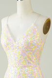 White Spaghetti Straps Tight Homecoming Dress with Rainbow Sequins