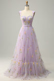 A-Line Square Neck Purple Long Ball Dress with Embroidery
