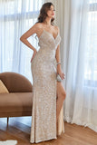 Champagne Mermaid Sequins Ball Dress with Slit