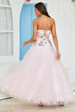 Strapless A Line Pink Tulle Ball Dress with Appliques