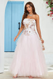 Strapless A Line Pink Tulle Ball Dress with Appliques