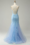 Spaghetti Straps Mermaid Blue Long Ball Dress With Appliques