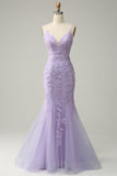 Mermaid Spaghetti Straps Purple Long Ball Dress With Appliques