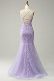 Mermaid Spaghetti Straps Purple Long Ball Dress With Appliques