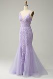 Mermaid Spaghetti Straps Purple Long Ball Dress With Appliques