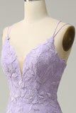 Mermaid Spaghetti Straps Purple Long Ball Dress With Appliques