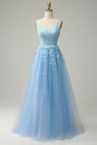 A Line Spaghetti Straps Long Blue Ball Dress with Appliques