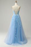 A Line Spaghetti Straps Long Blue Ball Dress with Appliques