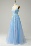 A Line Spaghetti Straps Long Blue Ball Dress with Appliques