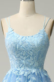 A Line Spaghetti Straps Long Blue Ball Dress with Appliques