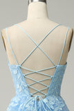 A Line Spaghetti Straps Long Blue Ball Dress with Appliques