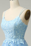 A Line Spaghetti Straps Long Blue Ball Dress with Appliques