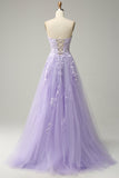 A Line Spaghetti Straps Long Purple Ball Dress with Appliques