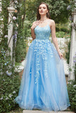 A Line Spaghetti Straps Long Blue Ball Dress with Appliques