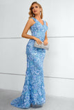 Blue V-Neck Mermaid Ball Dress With Flowers and Appliques