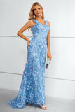 Blue V-Neck Mermaid Ball Dress With Flowers and Appliques