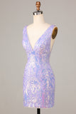 Lost In Your Eyes Bodycon V-Neck Lilac Sequins Short Ball Dress