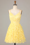 Keep Glowing A Line Spaghetti Straps Yellow Short Ball Dress with Appliques