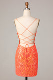 Sparkle 'til Dawn Bodycon Spaghetti Straps Orange Sequins Short Ball Dress