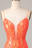 Sparkle 'til Dawn Bodycon Spaghetti Straps Orange Sequins Short Ball Dress