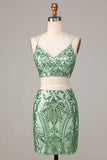 Sparkly Two Piece Spaghetti Straps Green Sequins Short Ball Dress