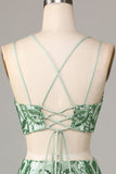 Sparkly Two Piece Spaghetti Straps Green Sequins Short Ball Dress