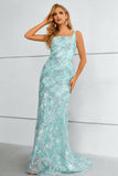 Green Square Neck Mermaid Sequined Ball Dress With Detachable Train