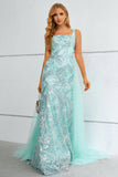 Green Square Neck Mermaid Sequined Ball Dress With Detachable Train