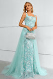 Green Square Neck Mermaid Sequined Ball Dress With Detachable Train