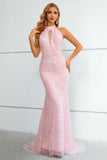 Pink Sequined Halter Neck Keyhole Backless Mermaid Ball Dress