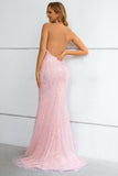 Pink Sequined Halter Neck Keyhole Backless Mermaid Ball Dress