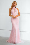 Pink Sequined Halter Neck Keyhole Backless Mermaid Ball Dress