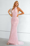 Pink Sequined Halter Neck Keyhole Backless Mermaid Ball Dress