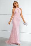 Pink Sequined Halter Neck Keyhole Backless Mermaid Ball Dress